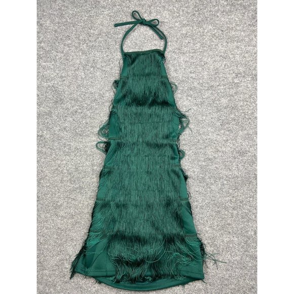 PrettyLittleThing Dresses & Skirts - Pretty Little Thing Cocktail Dress US 4 Green Tassel All Over Fringe Halterneck